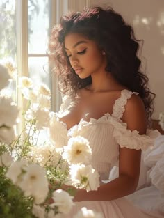 a woman in a white dress holding flowers