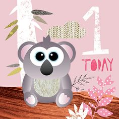 a happy birthday card with a koala bear on it's chest and pink background