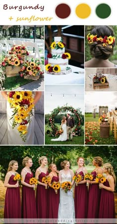 a collage of photos with sunflowers and other flowers in them, including the bridesmaid's bouquet