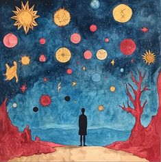 a painting of a man standing in front of the sky with planets and stars above him