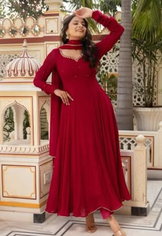 traditional Indian dress for girls in just Rs. 1800 with customized sizes, colors and fabric. Hurry up follow and Dm for orders. Umbrella Dresses For Women, Red Anarkali Kurti, Neck Designs For Umbrella Dress, Red Umbrella Kurti Design, Kurti Neck Line Design, Anarkali Dress Neck Pattern, Saree Churidar Designs, Anarkali Dress Pattern New 2024, Red Traditional Dress Indian