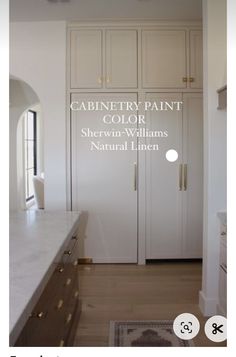 an image of a kitchen with white cabinets and marble counter tops, along with the words cabinetry paint color sherber williams natural linens