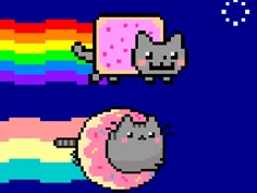 an old school computer game with cats and doughnuts on the rainbow colored background