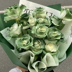 a person holding a bouquet of green flowers