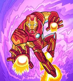 an iron man flying through the air on top of a purple and yellow background with lightening