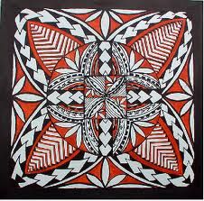 an orange and black art piece with white designs on it's sides, in the middle