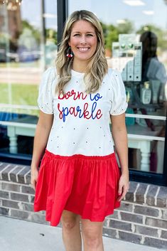 Get ready to celebrate the stars and stripes in style with this patriotic dress, tailor-made for 4th of July festivities. Featuring puffed sleeves and charming red, white, and blue details, it's the perfect outfit to showcase your love for the nation while looking effortlessly chic and festive. Kelcie is 5'6 and wearing a size medium. Runs true to size. Puff sleeves Crew neck Drop waist ruffle skirt Born To Sparkle, Patriotic Dresses, Peach Love, Stars And Stripes, Puffed Sleeves, Ruffle Skirt, Drop Waist, Red White And Blue, Perfect Outfit