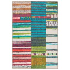 a multicolored rug with different stripes and shapes on the side, in various colors