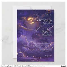 an elegant purple and gold wedding card with the words victoria and ketin on it