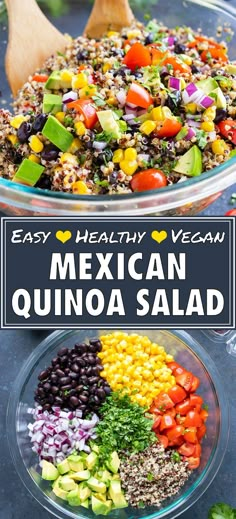 mexican quinoa salad with black beans, corn and avocado in a glass bowl