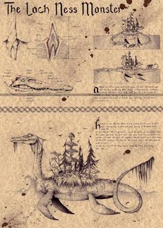 an old book with some drawings on the pages and pictures in it, including a dragon