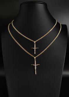 "14k Real Solid Gold Jesus Crucifix Pendants Necklace, with 3mm Miami Cuban Chain Necklace , Cross Pendant , Gold Inri Cross, Gift Brand New 14K Real Yellow Gold Pendants with 14k Real yellow Gold 3mm Miami Cuban Chain Necklace 16\"-24\" Stamp : 14K Real Gold Miami Cuban Chain, 14k real gold stamp for pendants Chain Style: Inri Cross Material: 14k Genuine Gold Metal Stamp: 14K Available Length: 16'',18\"-20\"-22\"-24\" Length =  Small 32 mm, Large 45mm. Width  = Smal 18mm, Large 22mm  Clasp/Bail Cross Pendant Men, خواتم خطوبة, Dainty Cross Necklace, Solid Gold Charms, Mens Chain Bracelet, Cuban Chain Necklace, Pretty Jewelry Necklaces, Cross Gift, Gold Pendants