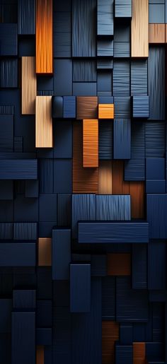 an abstract background consisting of wood blocks and metal strips in shades of blue, brown, orange and black