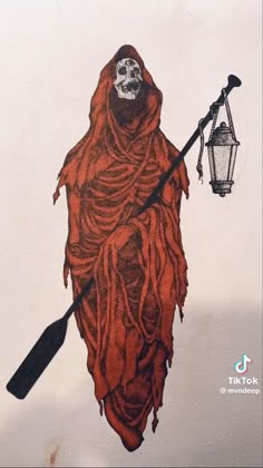 a drawing of a skeleton holding a paddle and wearing a red robe with a skull on it