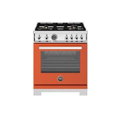 an orange stove with two burners and one oven door open, on a white background