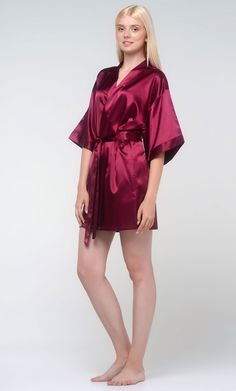 Wine Red Satin Kimono Short Robe-Robemart.com Red Silk Robe, Satin Duster, Wine Red Wedding, Personalized Robes, Elegant Kimono, Camilla Mendes, Satin Kimono, Silk Lingerie, Satin Material