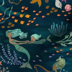 an image of mermaids in the ocean with fish and seaweed on blue water