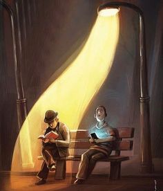 two people sitting on a bench under a street light, one reading a book and the other looking at his phone