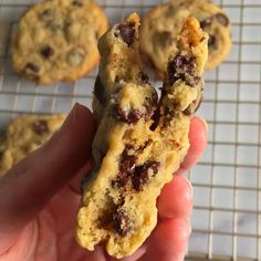 a hand holding a chocolate chip cookie in front of some cookies on a cooling rack