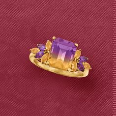 Ross-Simons - 2.50ct Ametrine Floral Ring, Citrines, Amethysts in 14kt Yellow Gold. Size 5. Blending purple and yellow, this 2.50 carat ametrine ring embodies the vibrant spirit of spring. Flowers of .50 ct. tot. gem. wt. citrines and amethysts blossom from the sides of the emerald-cut gemstone. Each ametrine is unique and may vary. Set in 14kt yellow gold. Floral ametrine ring. Amethyst birthstones are the perfect gift for February birthdays. Dimond Ring, Ametrine Ring, Amethyst Birthstone, February Birthday, Floral Ring, Yellow Gold Jewelry, Purple And Yellow, Jewelry Lookbook, Gold Floral