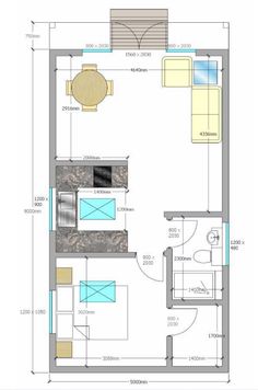 a floor plan for a small house with an attached bathroom and living room, as well as the kitchen