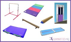 there are many different types of exercise equipment in this photo, including an exercise mat