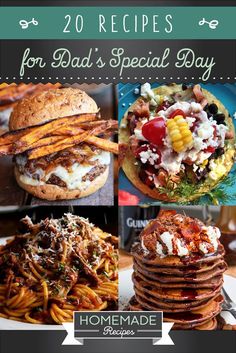 the cover of 20 recipes for dad's special day, with pictures of different foods