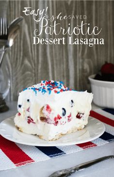 a slice of patriotic dessert lasagna on a plate