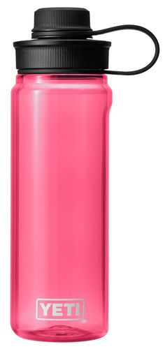 the yeti water bottle is pink and has a black lid with a white logo on it