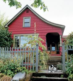 a red house with a dog sitting on the porch in front of it and bushes