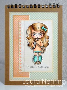 a card with a girl wearing glasses