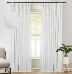 the white curtains are hanging in front of a window with a potted plant next to it