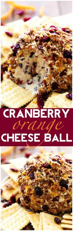 cranberry orange cheese ball on crackers with text overlay