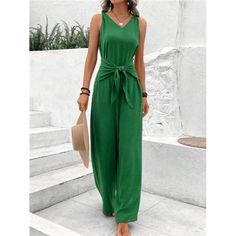 -Item Id 16567437.Html?Mallcode=1&Zeedropid=1633821 -Color: Green -Style: Casual -Pattern Type: Plain -Type: Wide Leg -Neckline: V Neck -Details: Tie Front -Sleeve Length: Sleeveless -Length: Long -Fit Type: Loose -Waist Line: High Waist -Fabric: Slight Stretch -Material: Woven Fabric -Composition: 100% Polyester -Care Instructions: Machine Wash Or Professional Dry Clean -Body: Unlined -Sheer: No **Open To Offers!!!** **Bundle To Save More** **30% Off Bundles Of 2 Or More Items!!** ***Orders Go Casual Green Jumpsuits And Rompers With Tie Waist, Solid Color Vacation Jumpsuits And Rompers With Tie Waist, Green Tie Waist Jumpsuits And Rompers For Spring, Green Solid Color Jumpsuits And Rompers For Vacation, Chic Green Overalls, Green Solid Color Jumpsuit For Day Out, Green Solid Color Jumpsuits And Rompers For Day Out, Solid Jumpsuit With Tie Waist For Day Out, Jumpsuit Outfit Wedding