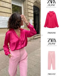 Elegant T Shirt Outfit, Barbiecore Work Outfit, Silk Pink Shirt Outfit, Pink Silk Shirt Outfit, Fuchsia Shirt Outfit, Fushia Top Outfit, Pink Satin Top Outfit, Satin Top Outfit