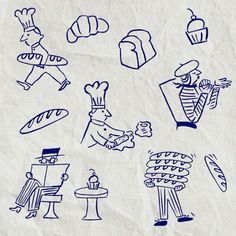 an image of some drawings on paper with food and people in the middle one is blue