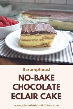 If you’re a fan of the classic chocolate eclair pastries, you will love this No-Bake Chocolate Eclair Cake! It seriously tastes just like those scrumptiously light and airy pastries. This is a delicious and easy dessert that works for any occasion and any night of the week. It’s a true treat!   This recipe yields one large 9X13 inch cake, perfect for serving a crowd, or to have a tasty dessert ready to enjoy through the week. It refrigerates perfectly for up to 7 days, but it probably won't last that long. 😊 No Bake Chocolate Eclair Cake, No Bake Chocolate Eclair, Eclair Cake Recipe, Chocolate Eclair Dessert, Eclair Cake Recipes, Chocolate Eclair Cake, Eclair Cake, Chocolate Eclair, Tasty Dessert