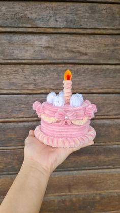 a hand holding a pink cake with a lit candle on it's top that has been made to look like a birthday cake