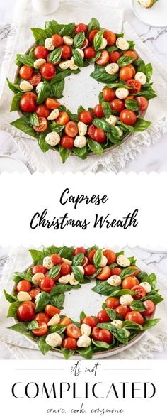 christmas wreath made out of apples and basil leaves on a white tablecloth with the words caprese christmas wreath