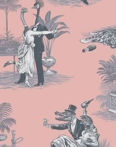 a pink wallpaper with an image of a man and woman in formal dress dancing