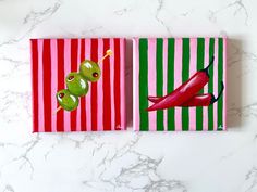 two pieces of art with green and red stripes on them, each featuring an image of a chili pepper