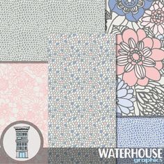 four different patterns with flowers and leaves on the same fabric, one is pink, blue, gray, and white