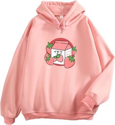 MEJOTAUS Cute Strawberry Milk Hoodie for Women Kawaii Clothes Japanese Pastel Pink Sweatshirt Oversized Sweaters for Teens Sweaters For Teens, Sweatshirt Oversized, Oversized Sweaters, Hoodie For Women, Cute Strawberry, Strawberry Milk, Japanese Outfits, Kawaii Clothes