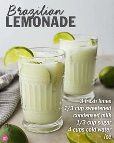 Brazilian lemonade with lime juice and condensed milk. Brazilian Lemonade Recipe, Brazilian Lemonade, Limeade Recipe, Lemonade Recipe, Fancy Drinks, Lemonade Recipes, 4 Ingredient, Frozen Drinks