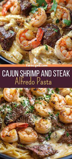 two pictures of shrimp and steak alfredo pasta