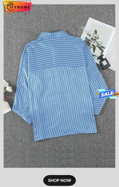 Sky Blue Striped Print Buttoned Shirt Blue Striped Button Down, Blue Vertical Striped T-shirt For Summer, Blue Striped Short Sleeve T-shirt, Blue Cotton T-shirt With Contrast Stripes, Blue Vertical Stripes Button-up Blouse, Buttoned Shirt, Button Shirt, Sky Blue, Blue Sky