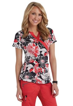 Beyond Scrubs Hibiscus Black mock wrap print scrub top | Scrubs & Beyond Cna Scrubs, Tech Outfit, Nursing Scrubs, Scrubs Outfit