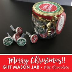 a christmas gift mason jar with hers chocolates in it and the words merry christmas