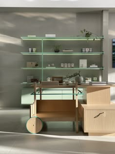 an office with shelves, desk and drawers