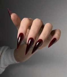 Blood red nails, vampire nails, cheery red, dark red nails, boss lady, trendy nails ideas 2024 Vampy Nails Acrylic, Dark Coquette Nails, Vampy Nails, Blood Nails, Stiletto Shaped Nails, Red Stiletto Nails, Vampire Nails, Dark Red Nails, Punk Nails